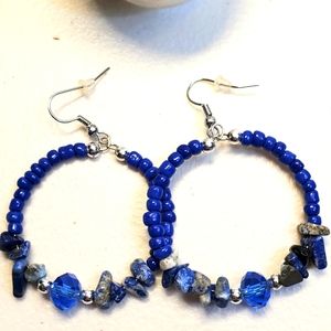 Hoop blue bead and stone earrings